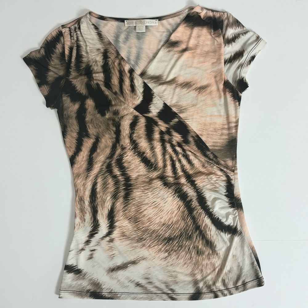 Boston Proper Tiger Print Faux Wrap Top XS